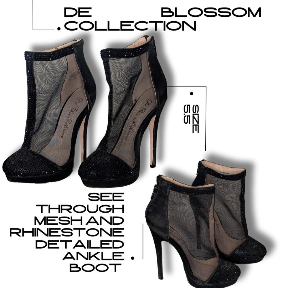 De Blossom Collection Black Mesh See Through Ankle Boots Stiletto Heels Size 5.5